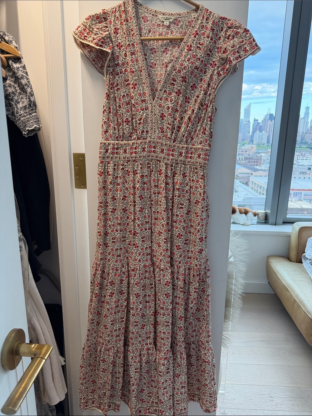 Max Studio Red and Cream Floral V‑Neck Maxi Dress